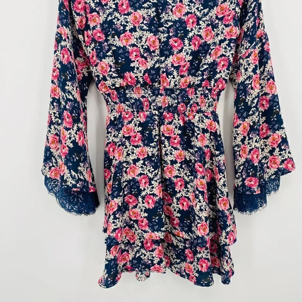 Altar'd State Size XS Navy Blue & Pink Floral Claudine Bell Sleeve Boho Dress - Picture 9 of 10